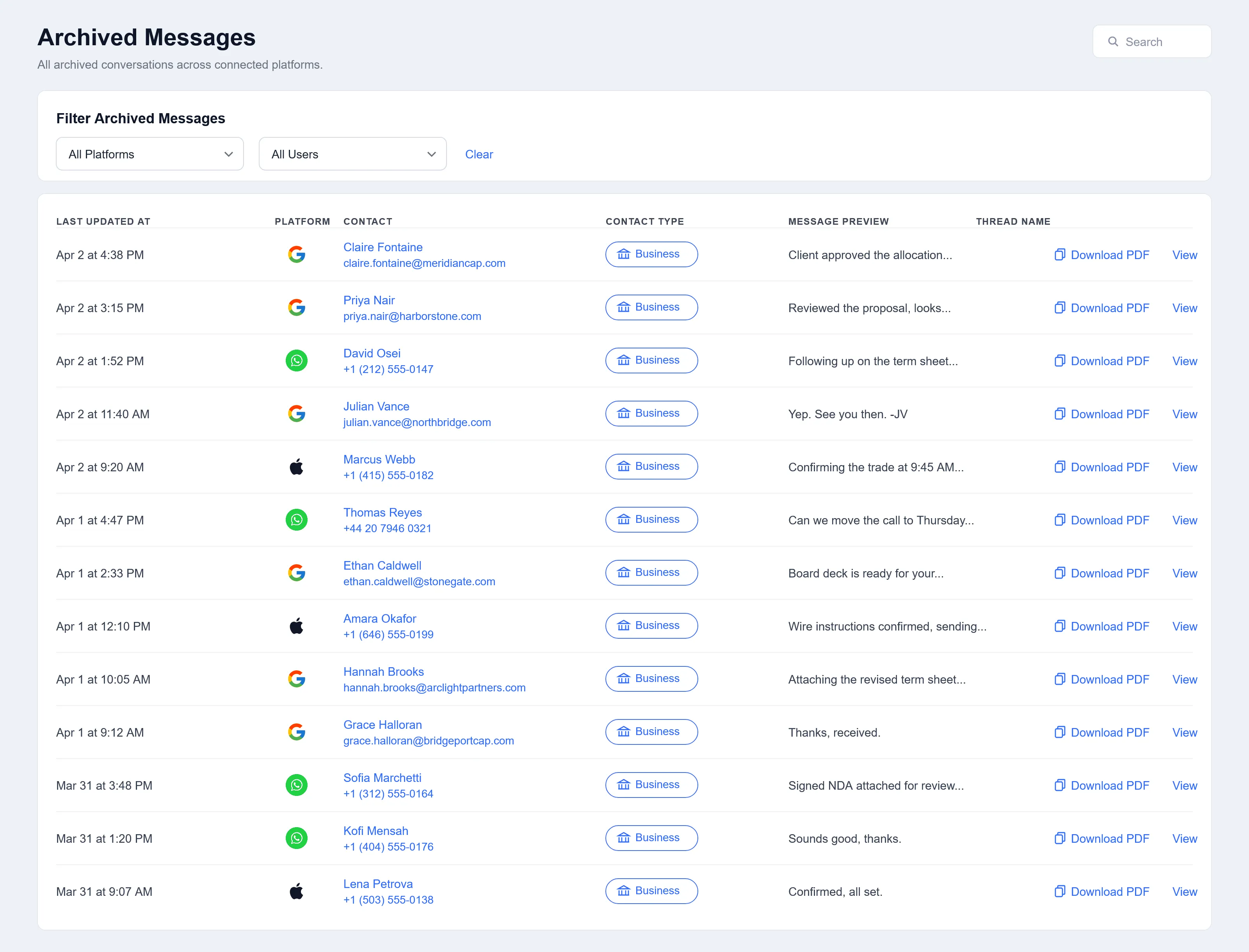 Unified archive showing Gmail, WhatsApp, and iMessage messages in one searchable inbox