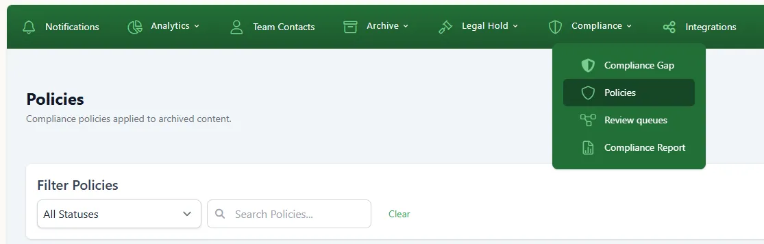 The Compliance dropdown menu open, showing Compliance Gap, Policies, Review queues, and Compliance Report