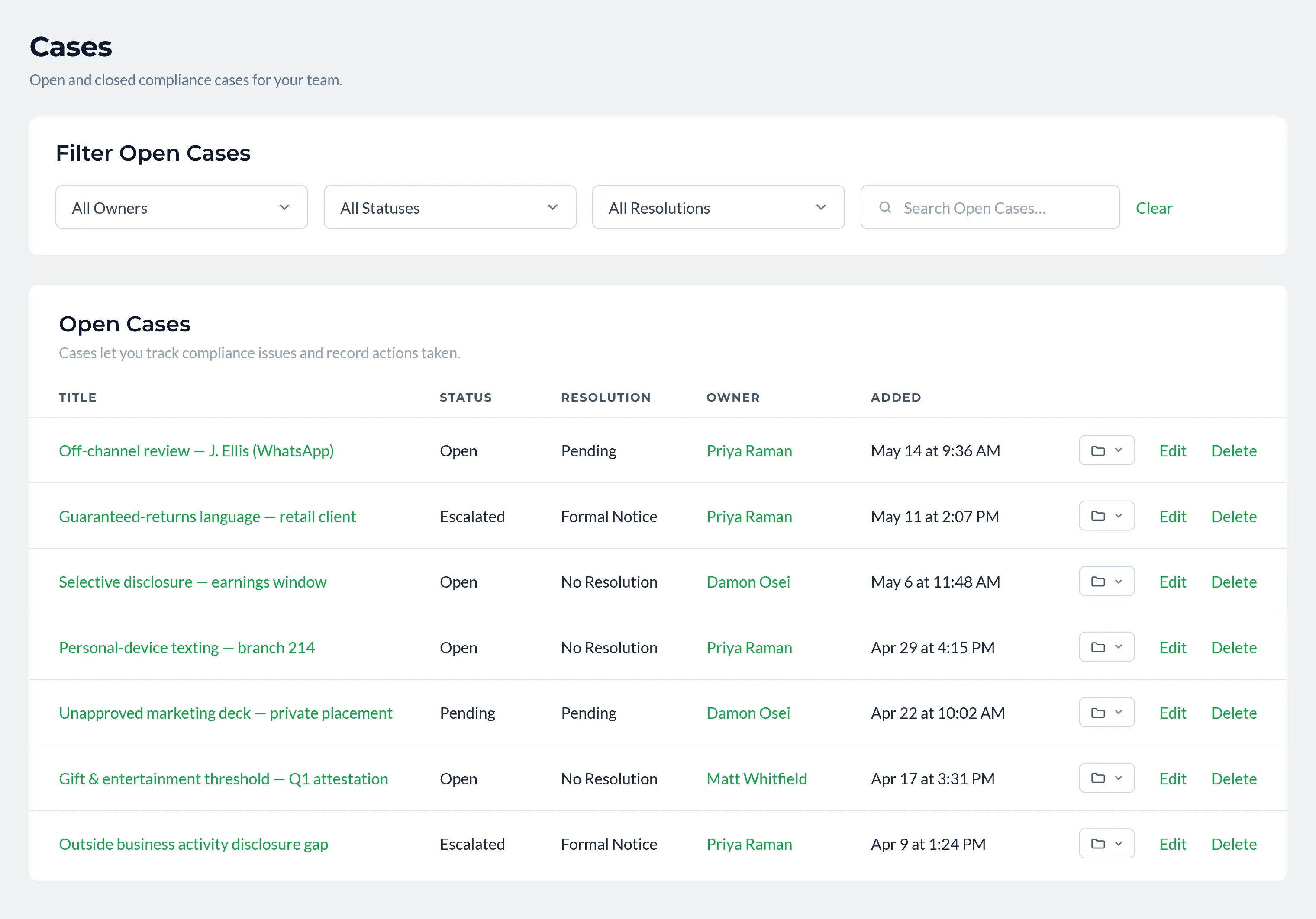 Comma Cases dashboard listing open compliance cases with status, resolution, owner, and date