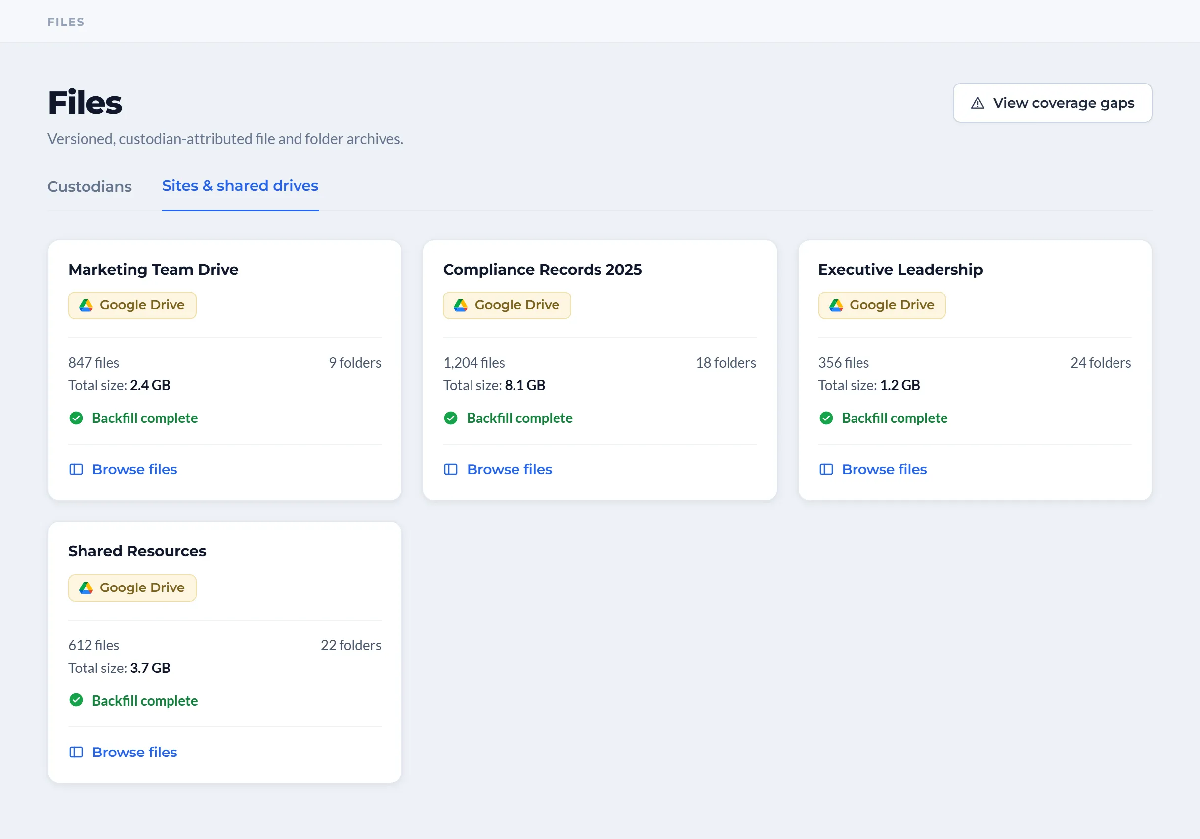 Comma Compliance Files archive showing four Google Drive shared drives with file counts, folder counts, total sizes, and backfill complete status.