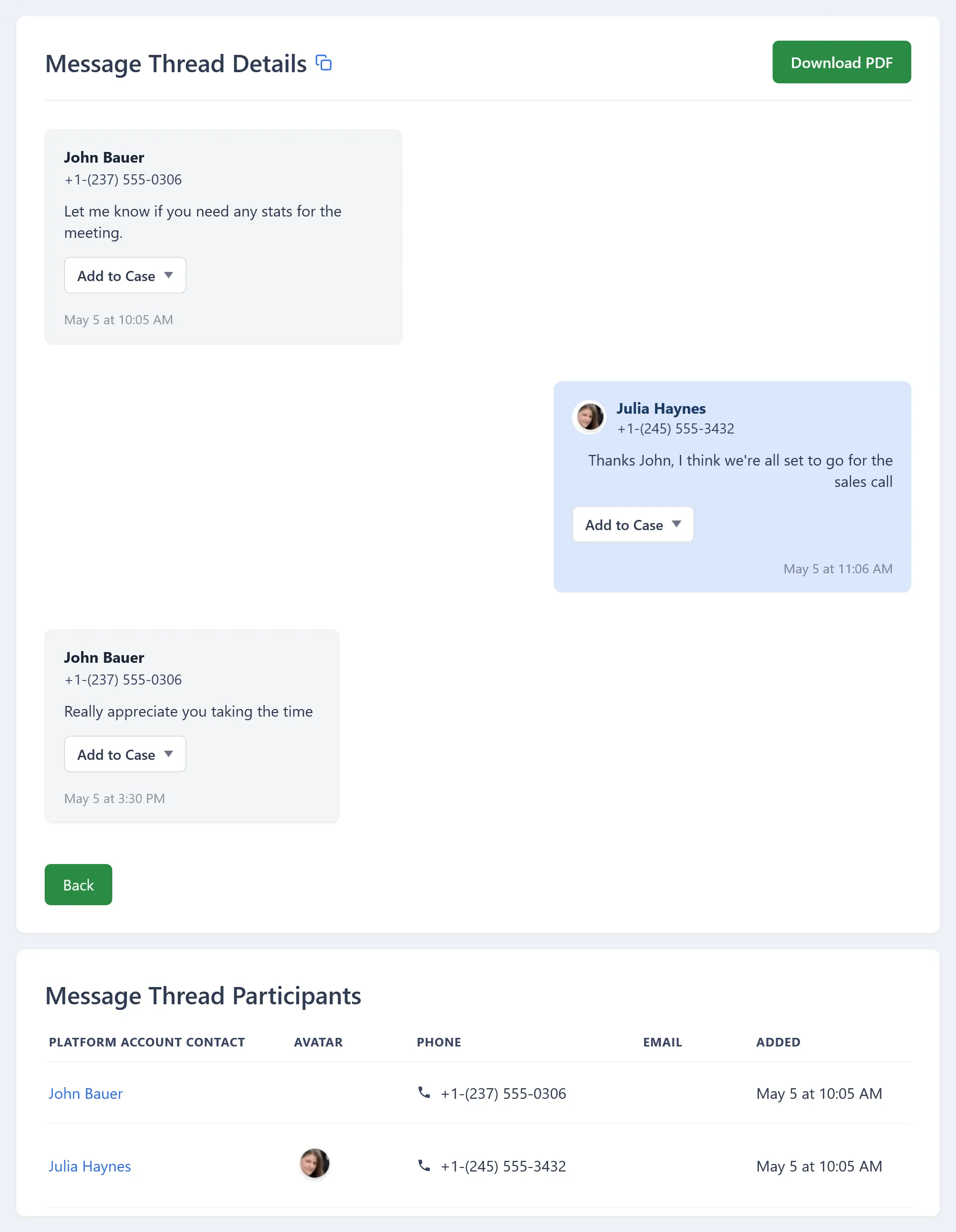 Message thread in the Comma archive showing a WhatsApp conversation between John Bauer and Julia Haynes, with timestamps, Add to Case buttons, and a participants panel listing names and phone numbers.