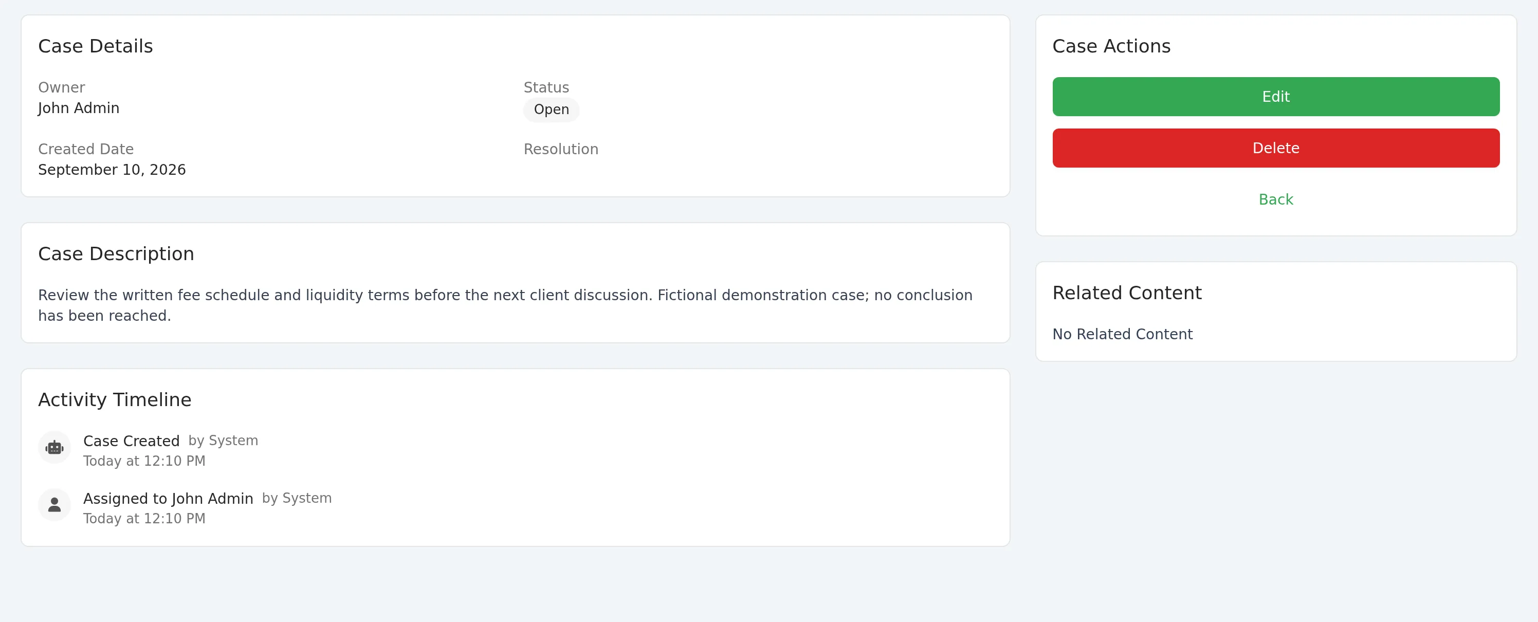 Case detail showing owner, status, description, activity timeline and export controls