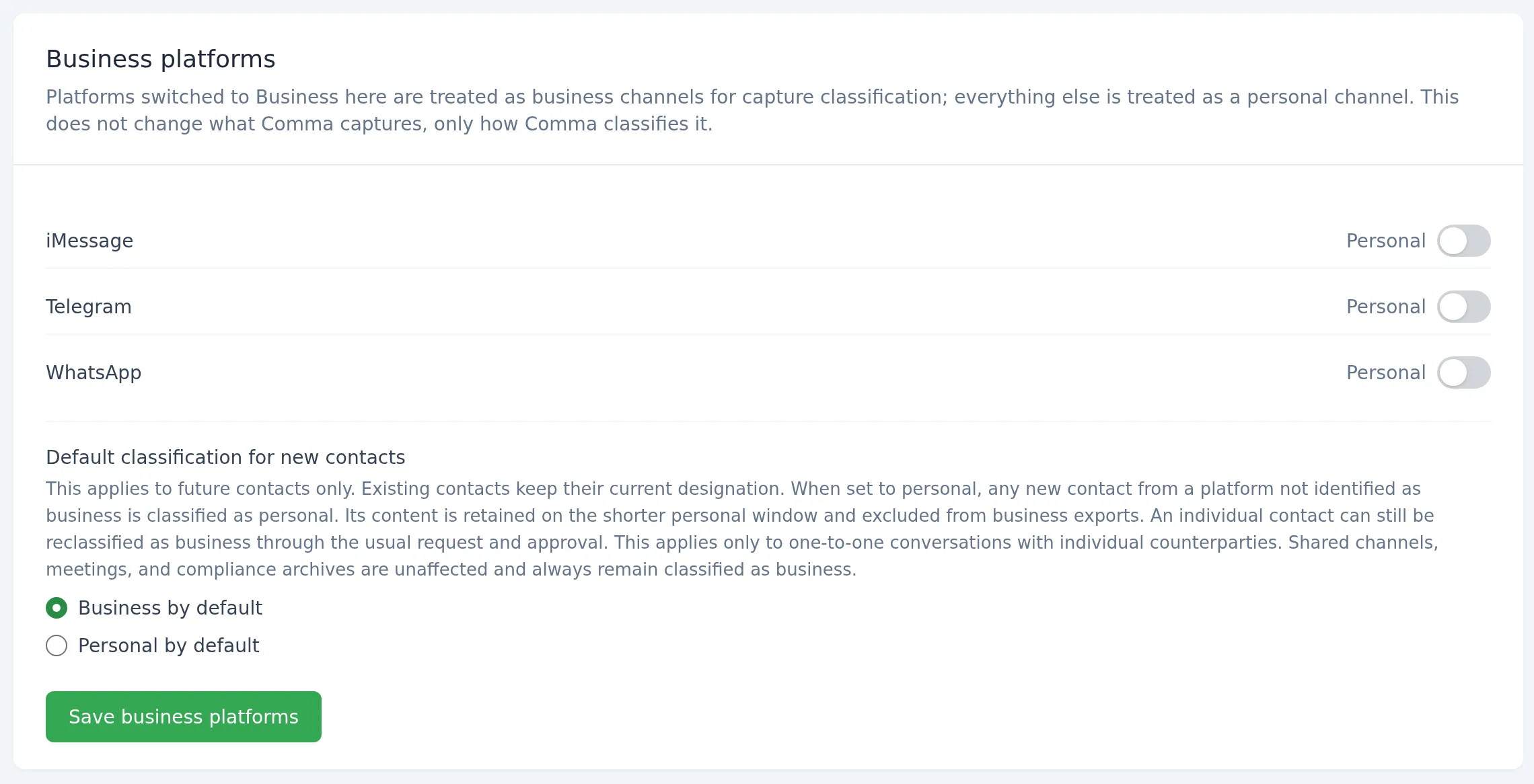 Comma Configuration Center showing business and personal classification controls