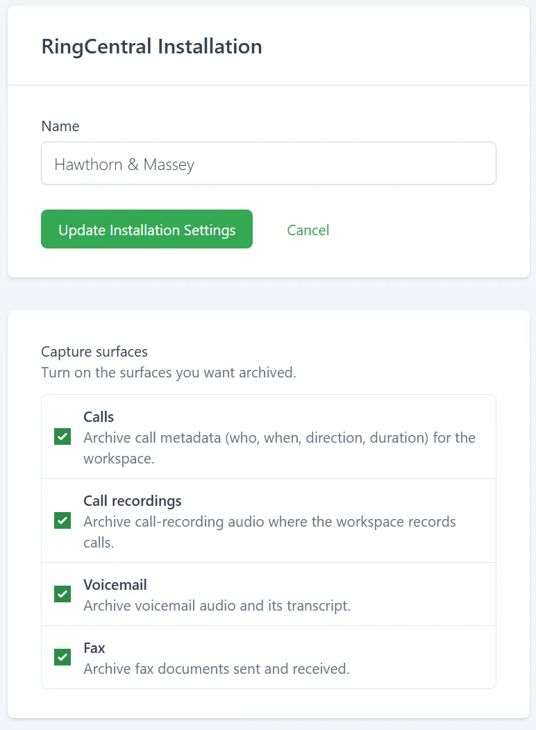 RingCentral capture settings in Comma showing all four surfaces enabled: Calls, Call recordings, Voicemail, and Fax.