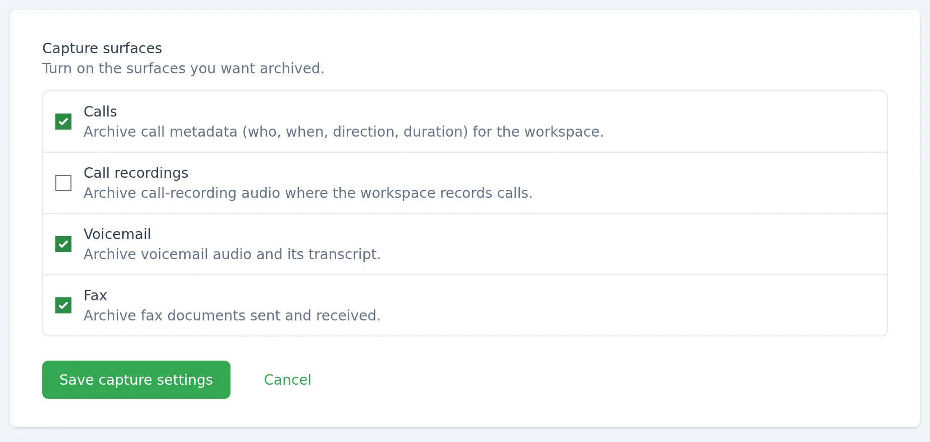 RingCentral installation settings with separate capture controls for calls, call recordings, voicemail and fax