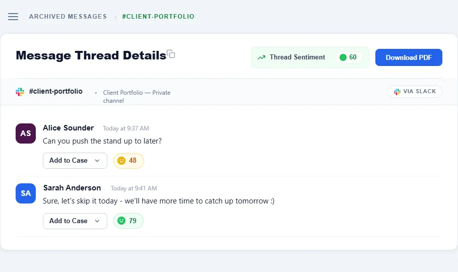 Comma Compliance dashboard showing a Slack thread from #client-portfolio archived with sentiment scores and Add to Case actions
