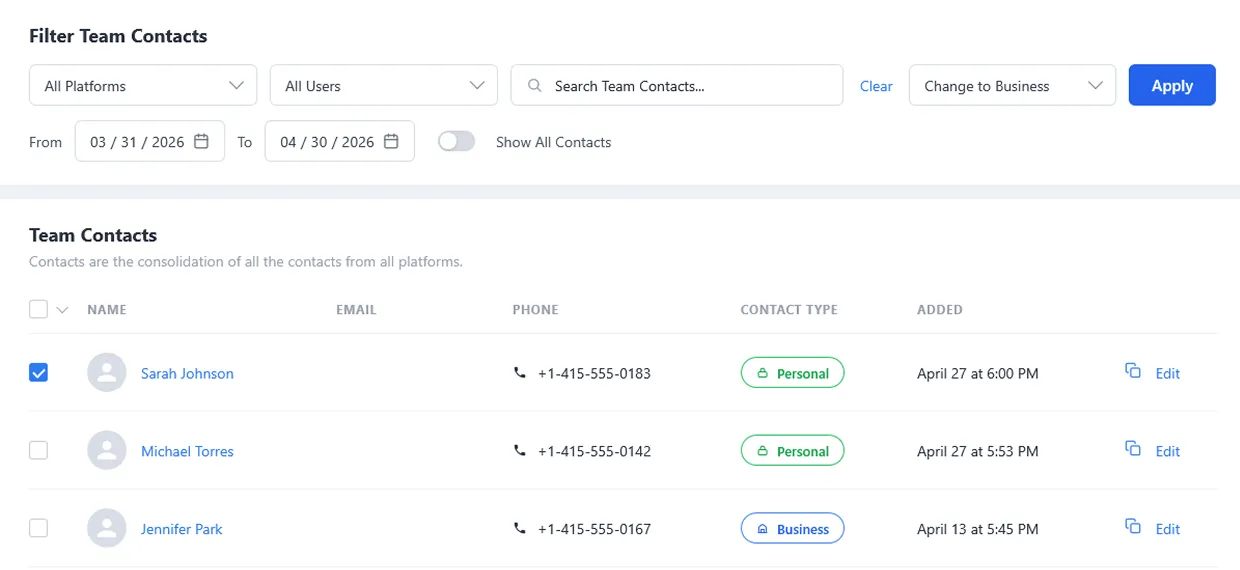 Team Contacts Page