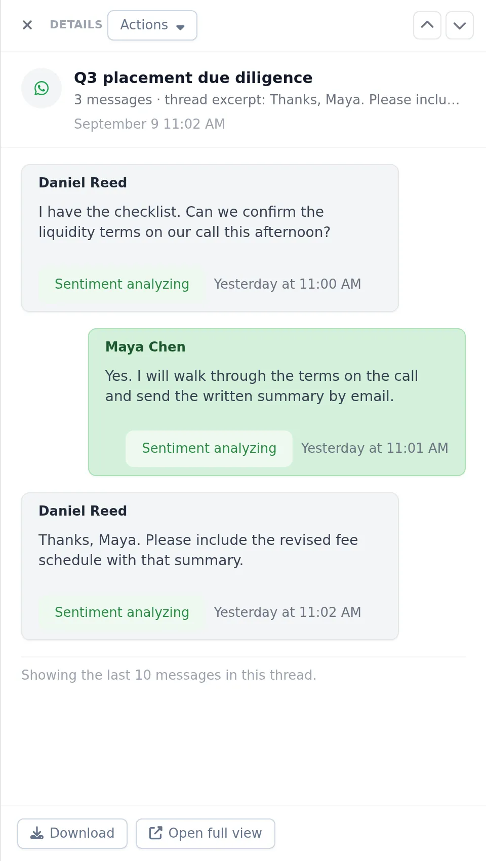 The Timeline detail drawer showing Daniel Reed and Maya Chen's three-message WhatsApp exchange about liquidity terms and the fee schedule