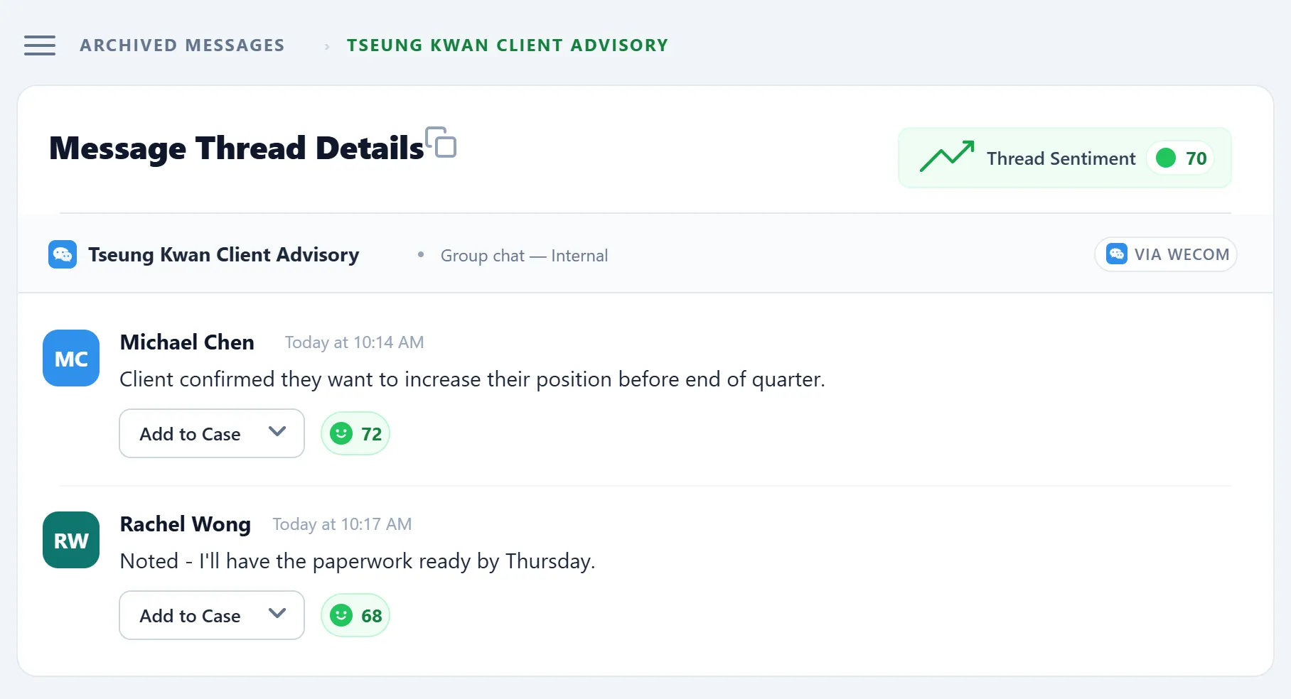 Comma Compliance archive showing a WeCom group chat thread with message content, sender names, timestamps, sentiment scores, and Add to Case actions.