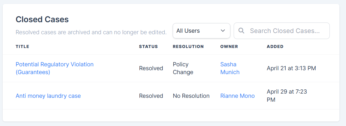 Closed Cases with Resolution, owner, and time stamps