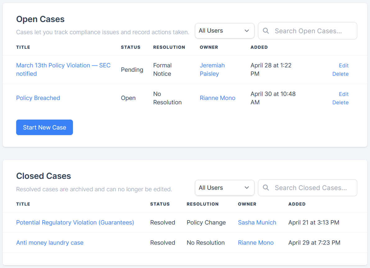 TCC Case Dashboard for open and closed cases. Includes title, status, resolutions, timestamps, and search options.