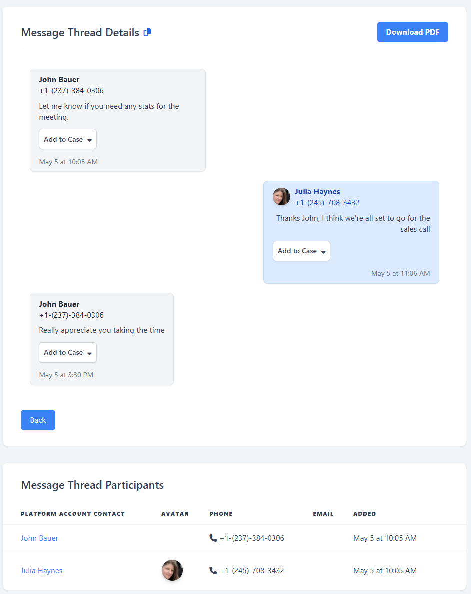 Message thread showing a short conversation between John Bauer and Julia Haynes with timestamps and “Add to Case” buttons, plus a participants list with their names and phone numbers and download pdf option.
