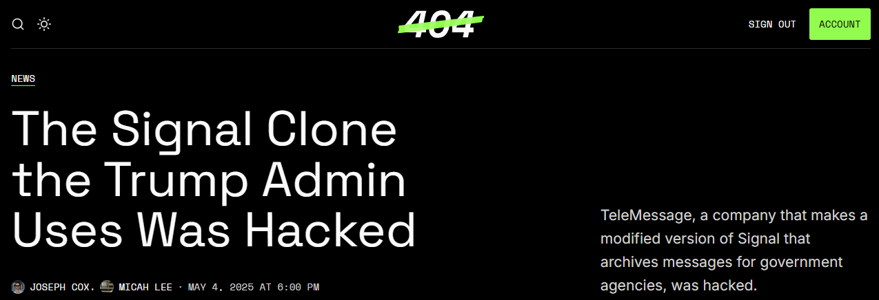 Screenshot of a news article page with the section label “NEWS” and the headline “The Signal Clone the Trump Admin Uses Was Hacked.”