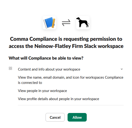 Example of OAuth page for Slack to connect to Comma Compliance 