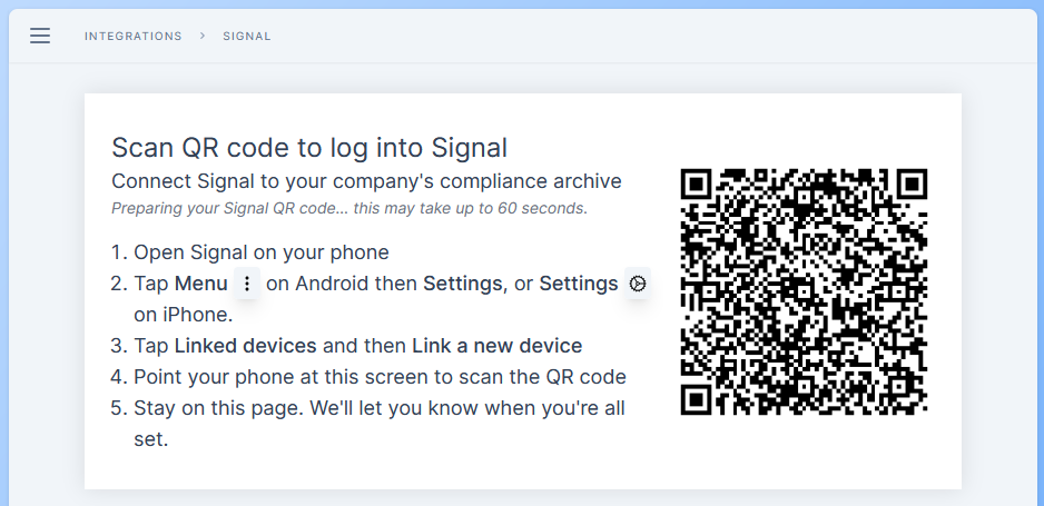 Scan QR code page to log in to Signal