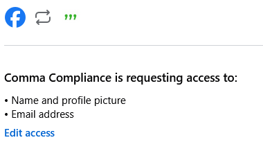 Comma Compliance page requesting access to individual platforms including facebook