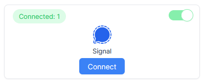 A light green highlighting Connected integration with Signal's blue emblem and a connect button below. 