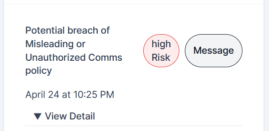 Screenshot of a message flagged as high risk with policy matching context