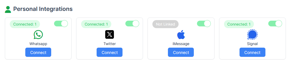 Comma Compliance personal integrations - WhatsApp, Twitter, iMessage, Signal connected